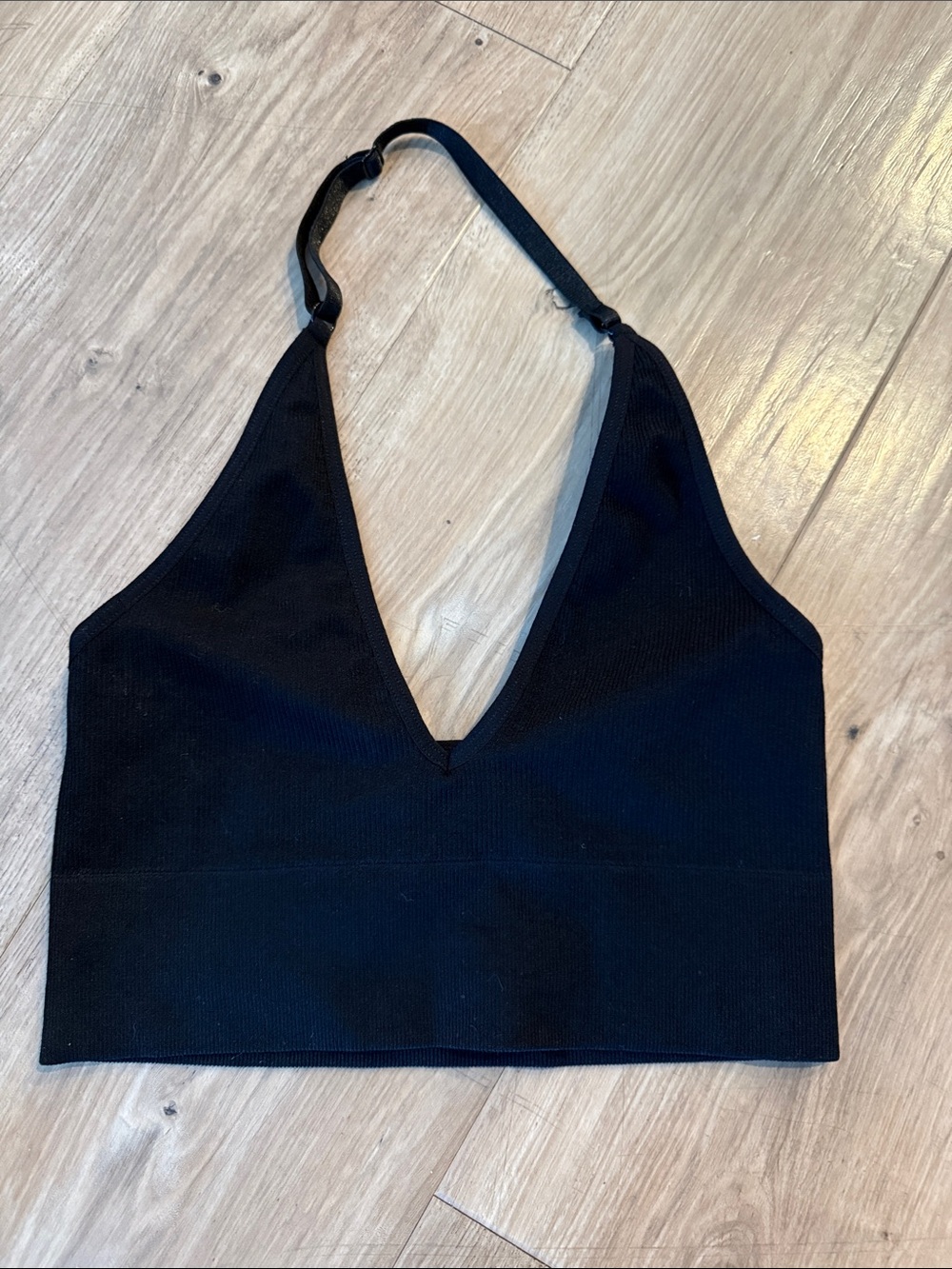 Black Ribbed V-Neck Halter Crop Top